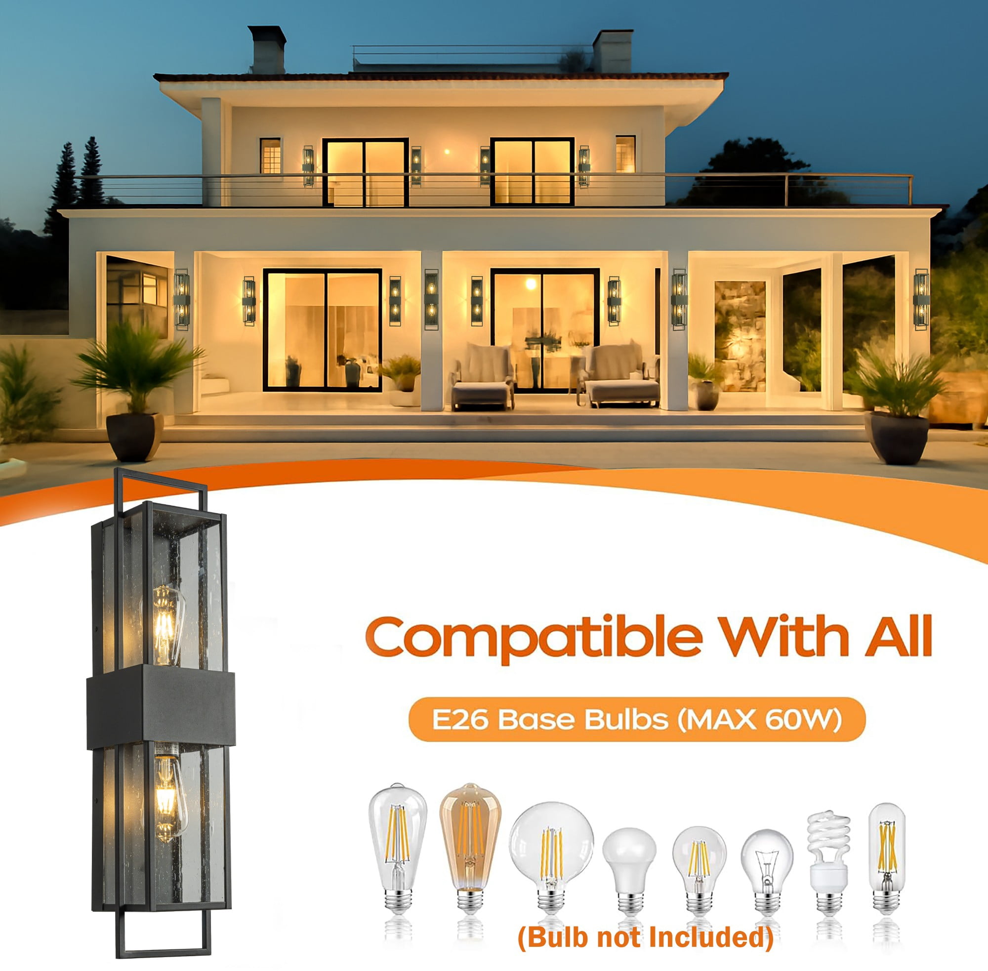 Modern Outdoor Wall Light with Dusk to Dawn Sensor H26'' Black Exterior Wall Lantern with Seeded Glass 2-Light Waterproof Sconce for Porch Garage Entryway Bulbs Not Included