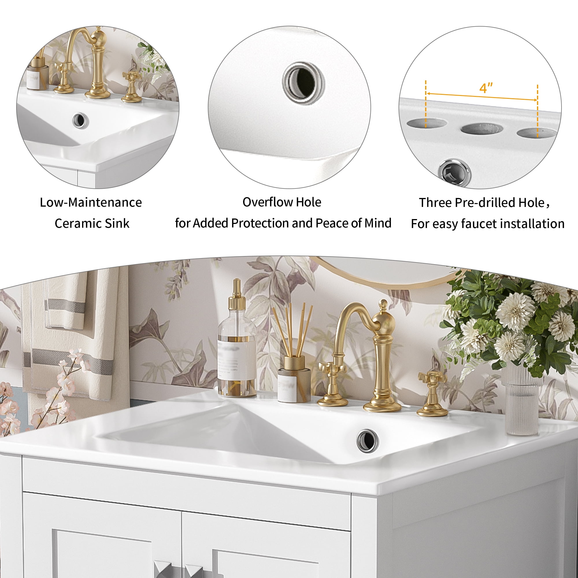 24" Bathroom Vanity with Integrated Ceramic Sink, 2 Doors with Shelves and Divider Drawer, White Finish for Organization