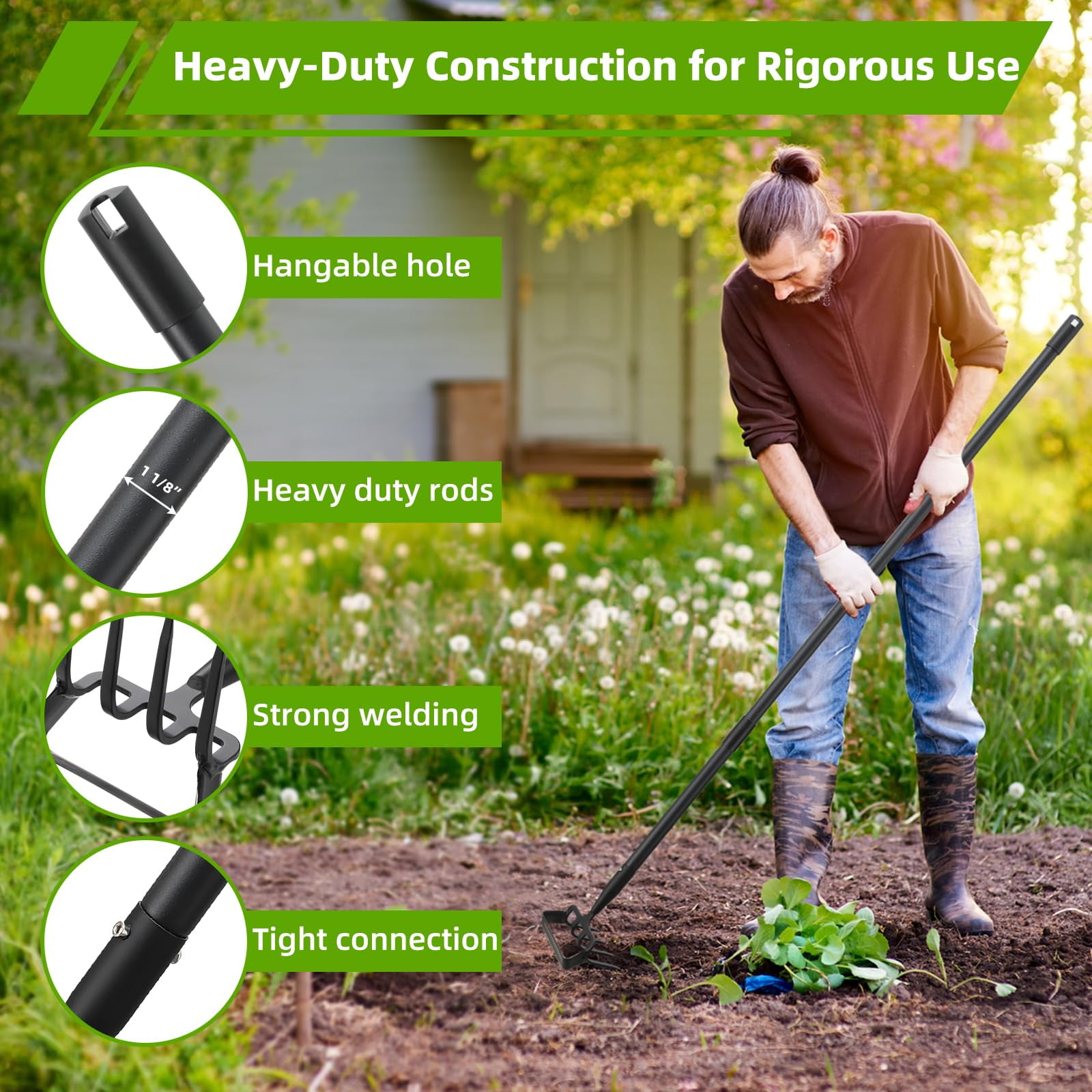 CHEASYOU Stirrup Hoe and Cultivator with 72 Inch Adjustable Long Handle, Heavy Duty 2-in-1 Scuffle Garden Hula Hoe Rake for Weeding, Digging and Cultivating
