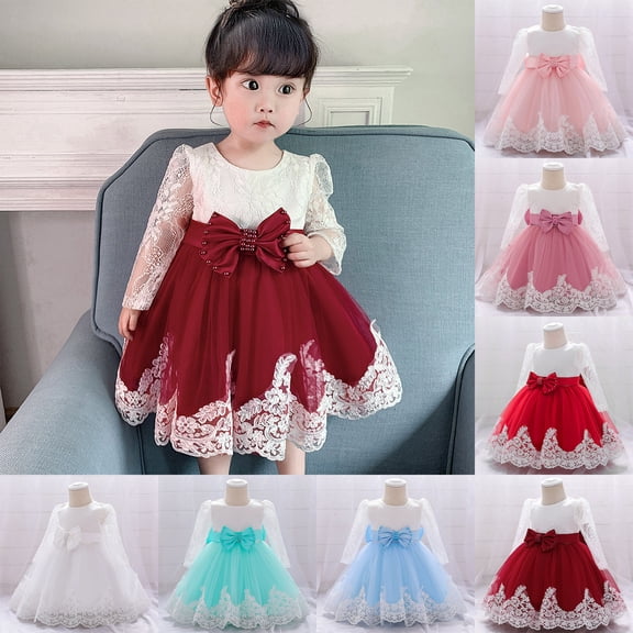 RTKFRFLM Baby Girls Lace Christening Gown Long Sleeve Tulle Tutu Birthday Party Dress White 12-18 Months