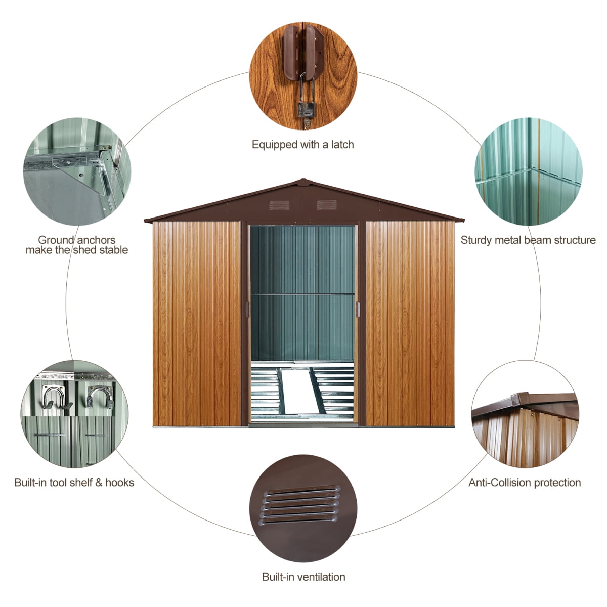 Miekor Furniture 8ft x 10ft Outdoor Metal Storage Shed with Metal Floor Base,Coffee B5A5355
