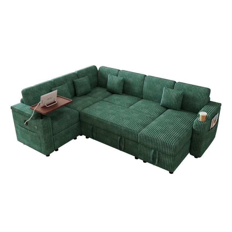 100" U-Shaped Sleeper Sofa with Pull-Out Bed, USB Charging Ports, Cup Holder, Flip-Top Table, Storage Chaise, Corduroy Sectional Couch for Living Room, Apartment & Guest Room