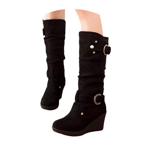 Oyedens Wedge Mid Calf Boots for Women Fashion Buckle Slouchy High Heel Winter Dress Cowgirl Boots