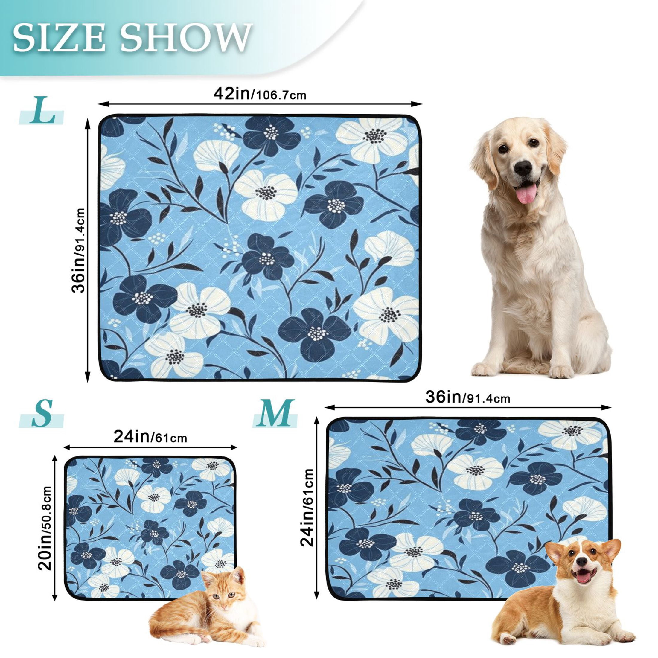 Washable Pet Pee Pads with Super Absorbent Reusable Training Pads for Dogs & Cats White and Navy Blue Flowers