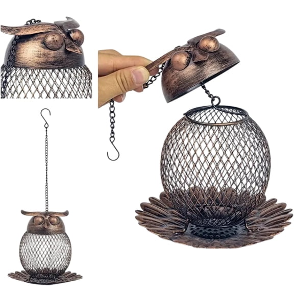 Outside Wild Bird Feeder with Detachable head, Heavy Duty Metal Frame Outdoor Bird Feeders Hanging for Garden Yard Decoration, Cute Owl Shaped