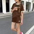 thumbnail image 2 of Girls Casual Athletic Outfit 3-14Y, Short Sleeve Crew Neck T-Shirt and Shorts Set, Soft Breathable Summer Tracksuit for Kids Daily Wear Brown, 2 of 6