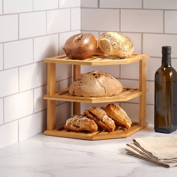 Plate Organizer for Cabinet, Space-Saving 3-Tier Bamboo Corner Shelf – Holds Plates/Bowls, Freestanding, Ideal for Kitchen, Pantry, or Bathroom