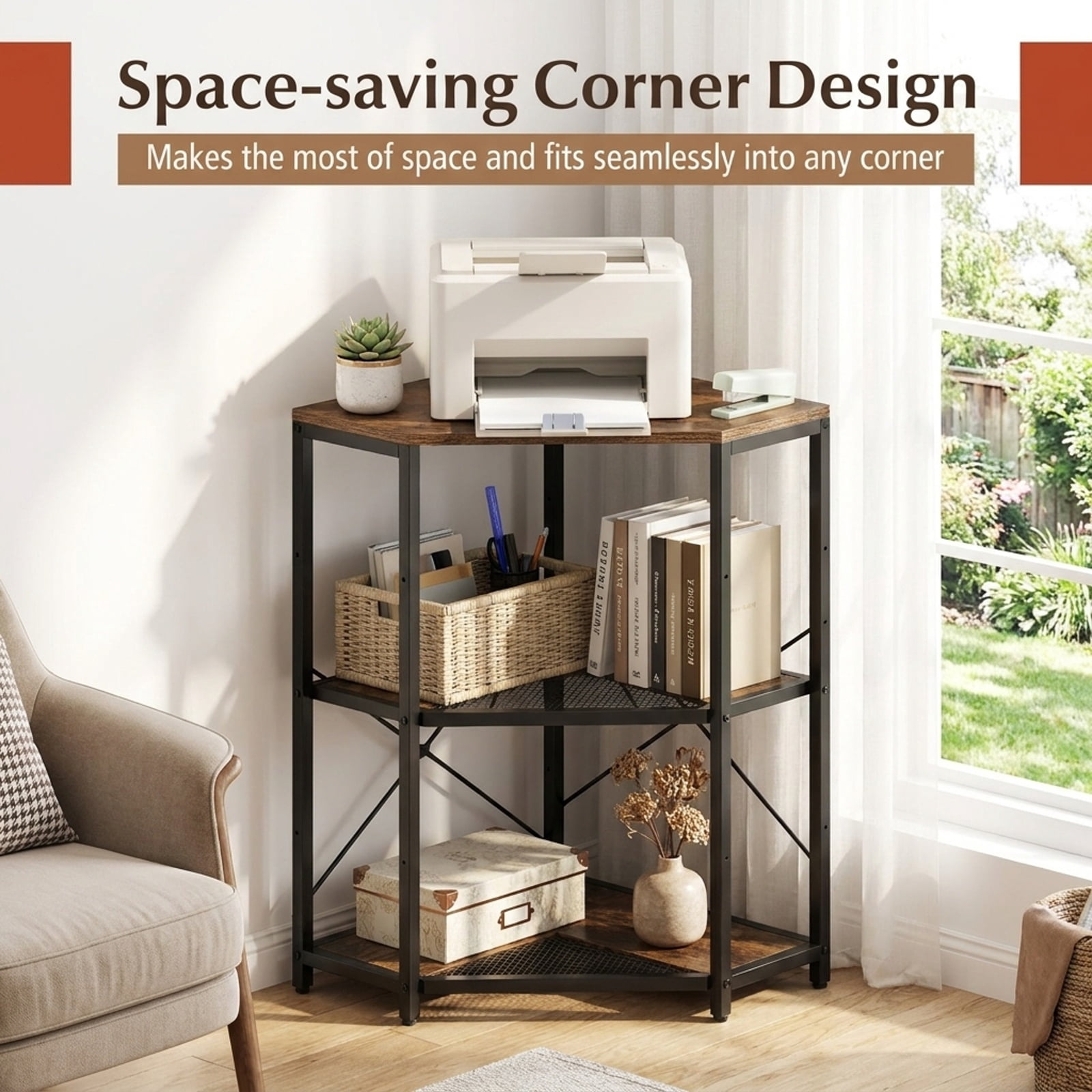 Furnibear Corner Printer Stand with Power Outlet 3-Tier Storage Rack with Adjustable Shelf for Home Office Printer Machine Under Desk Storage, Black