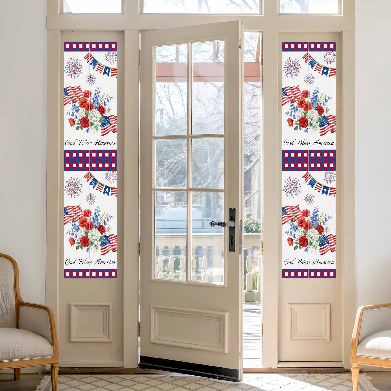 Independence Day Window Privacy Film, Red Blue USA Flag Floral Fireworks Frosted Glass Window Clings Static Cling UV Heat Blocking Reusable Door Sticker for Bathroom 23.6 x 78.7 Inch