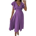 thumbnail image 1 of Fjuchai Robes en Chiffon pour Femmes Manches Courtes Col en V Robe Décontractée à Volants S-TTG, 1 of 9