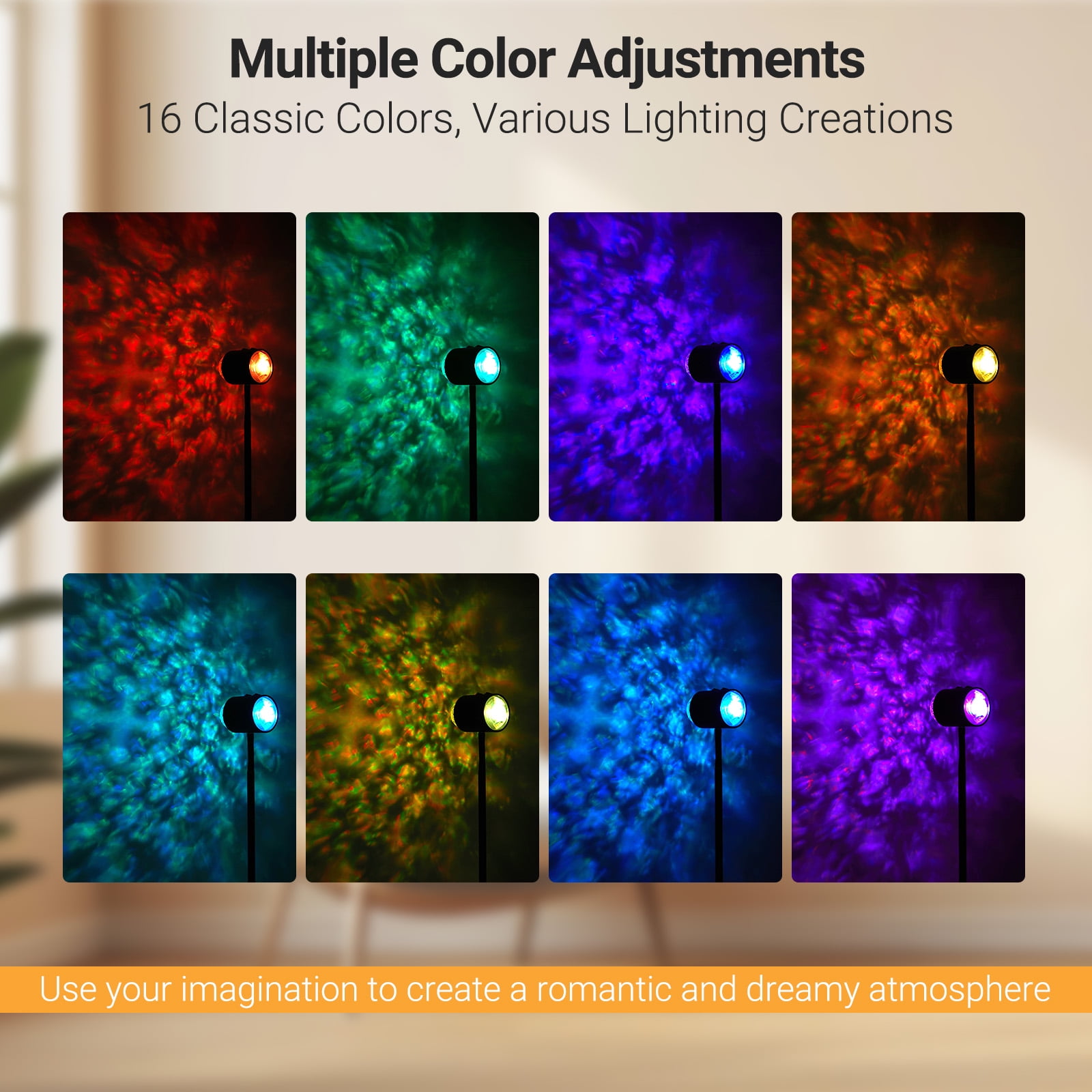 KAIPARA Sunset Standing Floor Lamp with Ocean Wave Effect, 360° Rotation, 16 Color Filters, Atmosphere Lamp with Remote, 3D Ocean Wave Floor Lamp Led Lights for Living Room & Bedroom