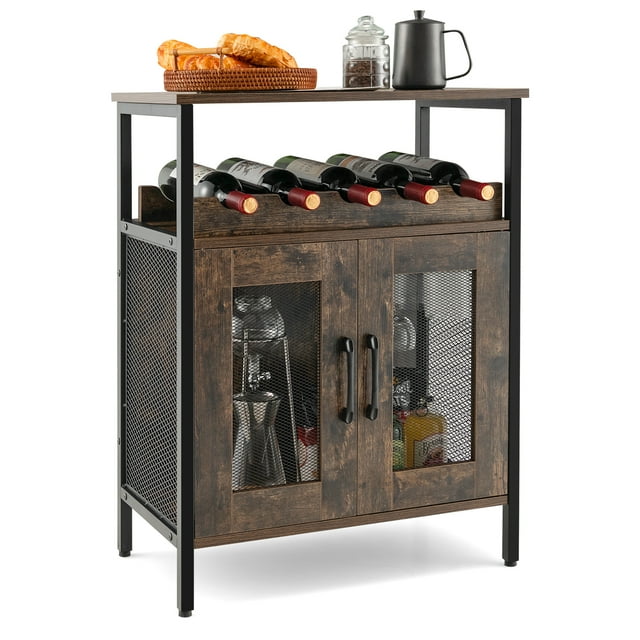 Costway Gabinete de Bar de Licores, Gabinete de Bar de Café, Estante de Vino Desmontable & Portavasos, Aparador Buffet de Piso con Puerta de Malla Metálica, Ideal para Sala de Estar, Cocina, Comedor