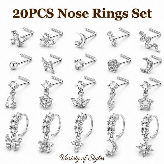 TAVENE 20PCS 20G Surgical Steel Dangle Nose Rings for Women L Shaped Nose Studs Nose Piercing Jewelry Dangling Nose Rings Hoops CZ Flower Moon Butterfly