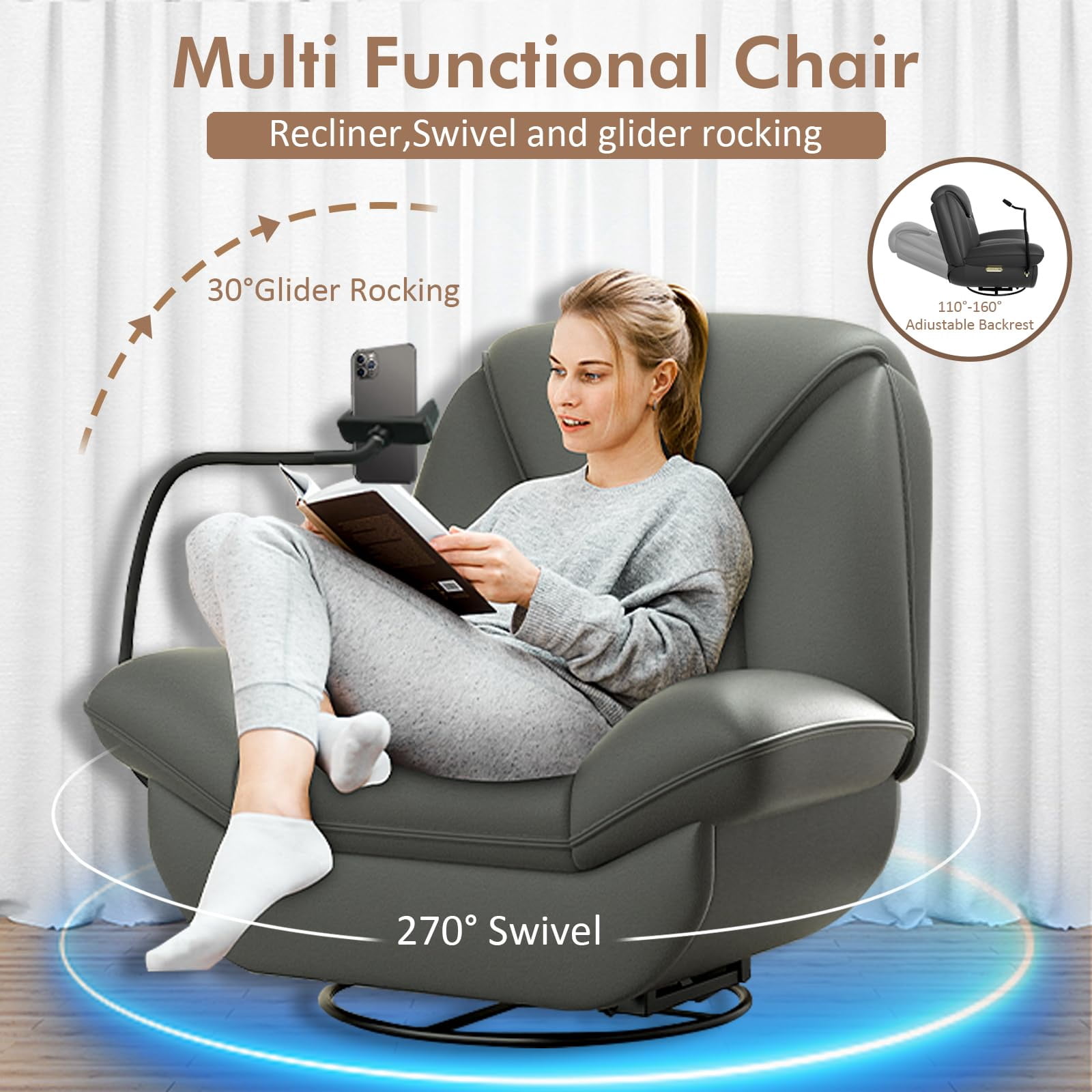 Oversized Power Recliner Chair with Voice Control, Swivel Glider and Bluetooth Speakers, Gray
