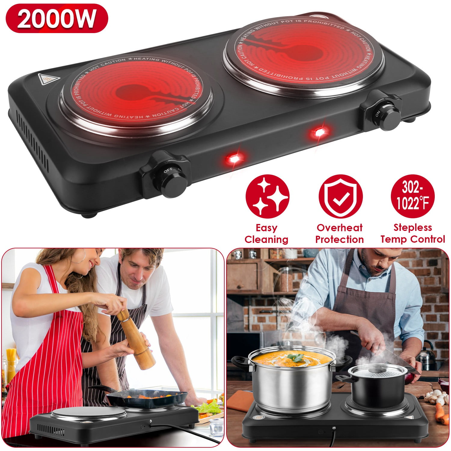 JelyHT 2000W Portable Infrared Dual Burner with 7.5" & 6.3" Glass Cooktops Separate Stepless Temp Control Kitchen Plate Stove for Home RV Camping