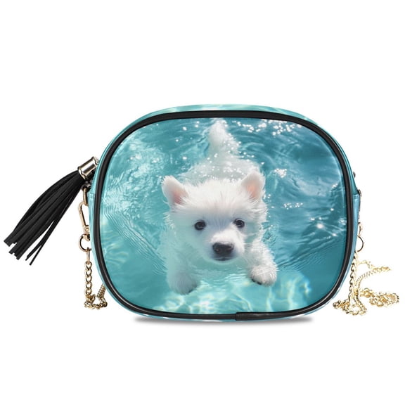 Womens Casual Chain Shoulder Bag Simple style White Puppy Swimming Crossbody Bag