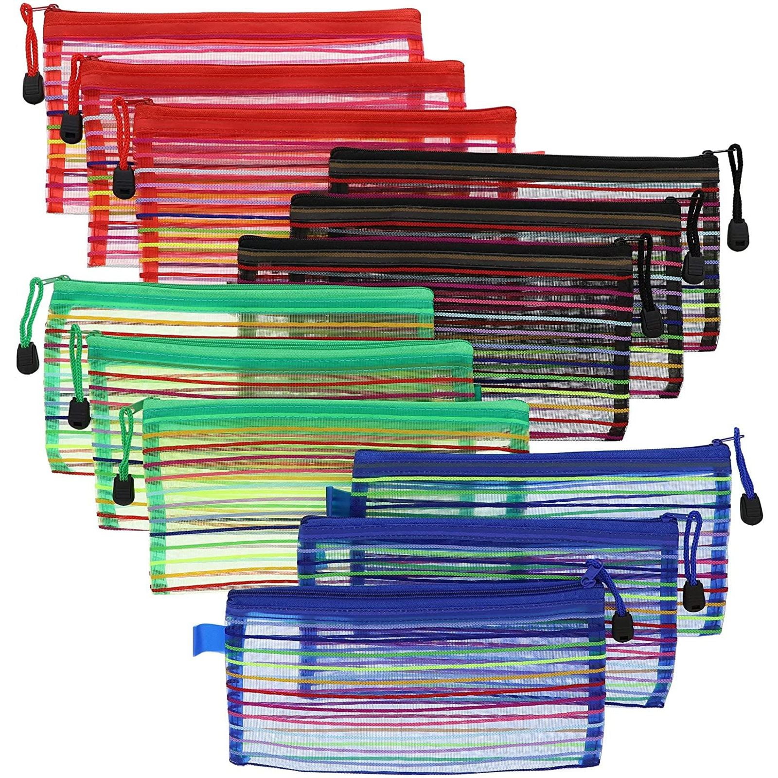 12-Pack Mesh Zipper Pencil Pouchs with Rainbow Stripes, 4 Assorted Colors