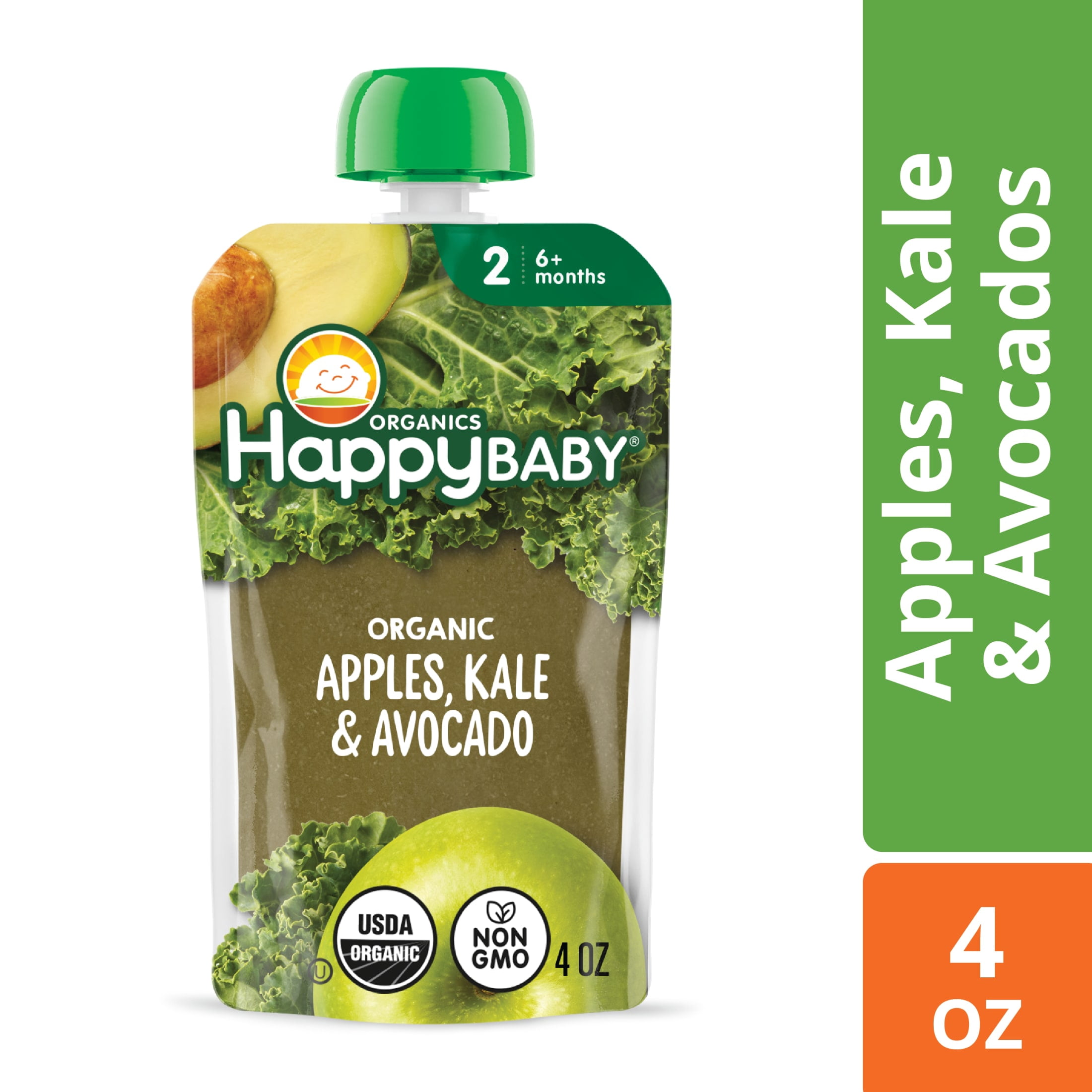 (12 pack) Happy Baby Clearly Crafted, Stage 2 Organic Baby Food, Apple Kale & Avocado Pouch, 4 oz.