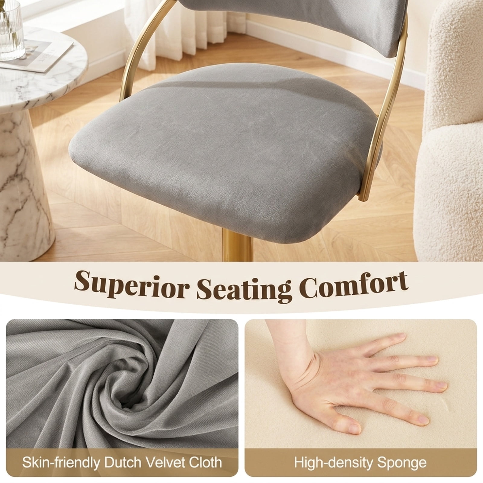 Furnibear Swivel Bar Stool Set of 2 Dutch Velvet Height Adjustable Island Stools for Kitchen Island Counter Bar Pub Dining Home, Grey