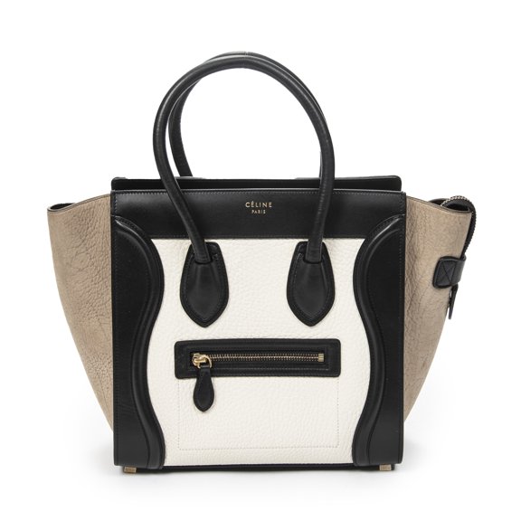 Pre-Owned Celine Black/White/Taupe Micro Luggage Handbag Pebbled Calfskin Leather