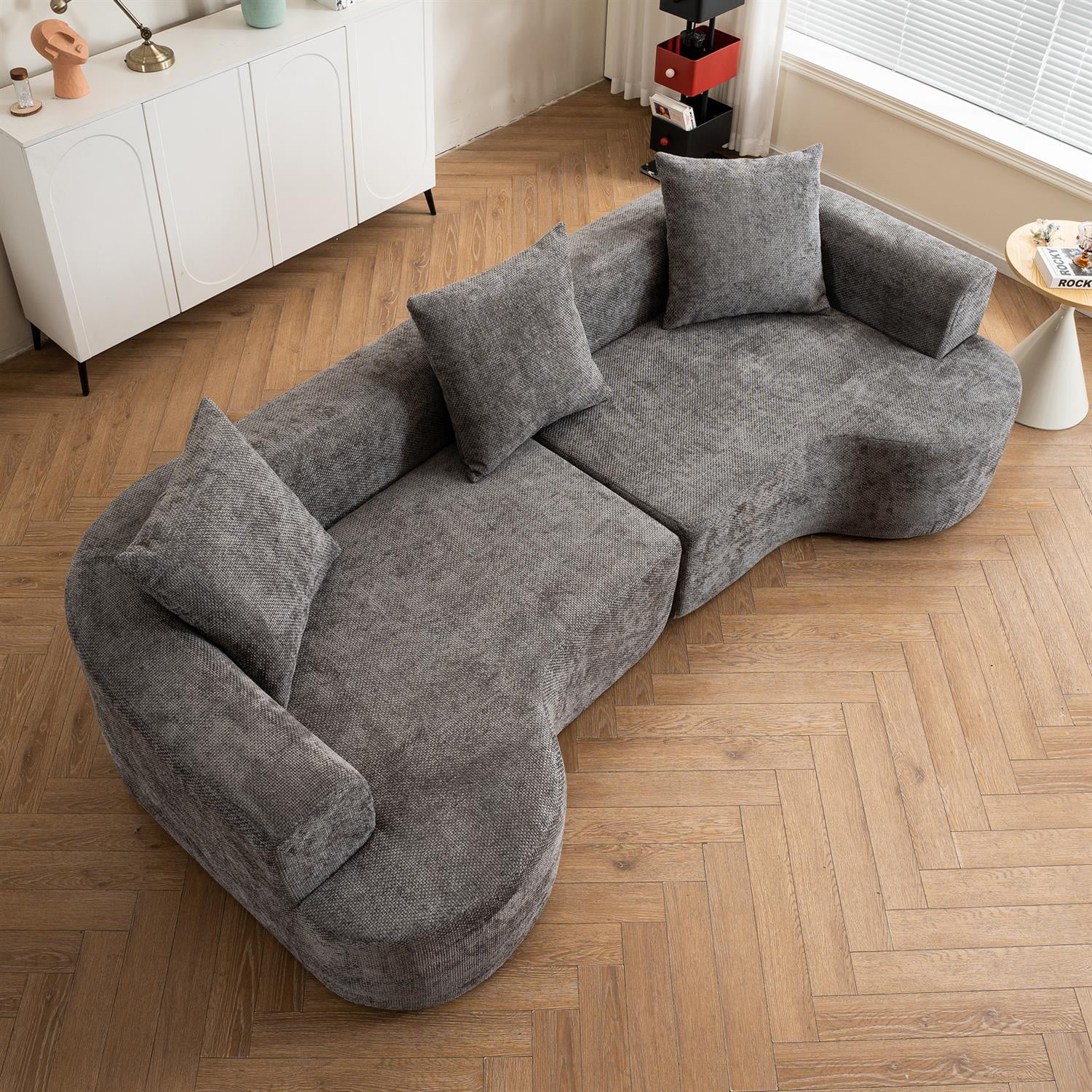 Demi Bonn 106" Moon Shaped Modern Sofa Bed, Deep Seat Cat Waist Sectional, Chenille Fabric Compressed Sponge Couch for Living Room, Gray