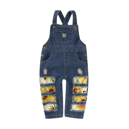 

NZRVAWS Baby Girls Pants Sunflower Print Pocket Ripped Jeans Straps Suspender Pants 18-24 Months Blue