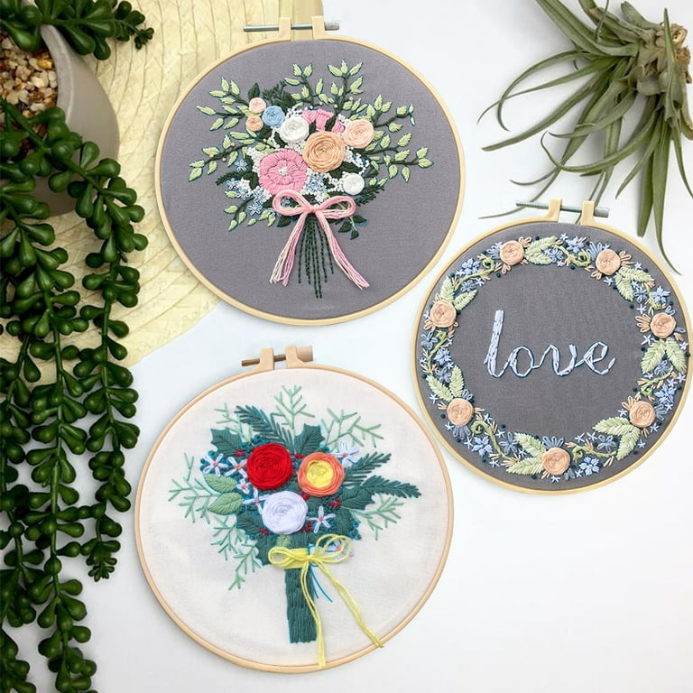 3pcs DIY Embroidery Set Flowers Plant for Kits and Beginners, DIY Cross  Stitch Set for Adults with 3pcs Embroidery Hoops and Instructions, Scissors