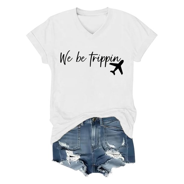 Camiseta informal de cuello en V con letras para mujer: poliéster y spandex, estilo veraniego, tallas S-XXL con medidas de busto/longitud.