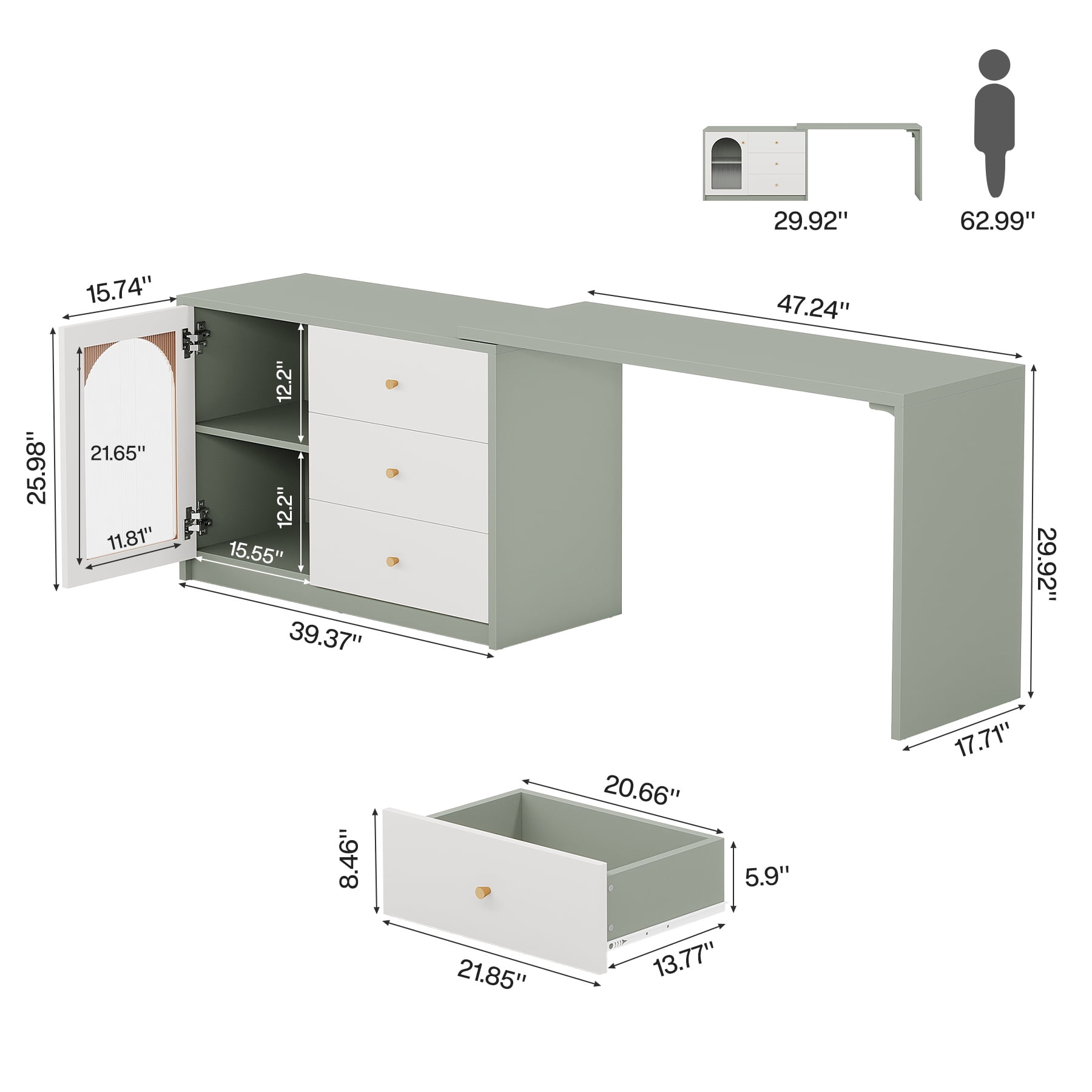 Fnova 48" Table for Nail Tech, Modern Stretchable L-Shaped Nail Corner Desk Station with Cabinet and 2 Drawers, Beauty Salon Workstation Decor with Storage Shelves, White Green