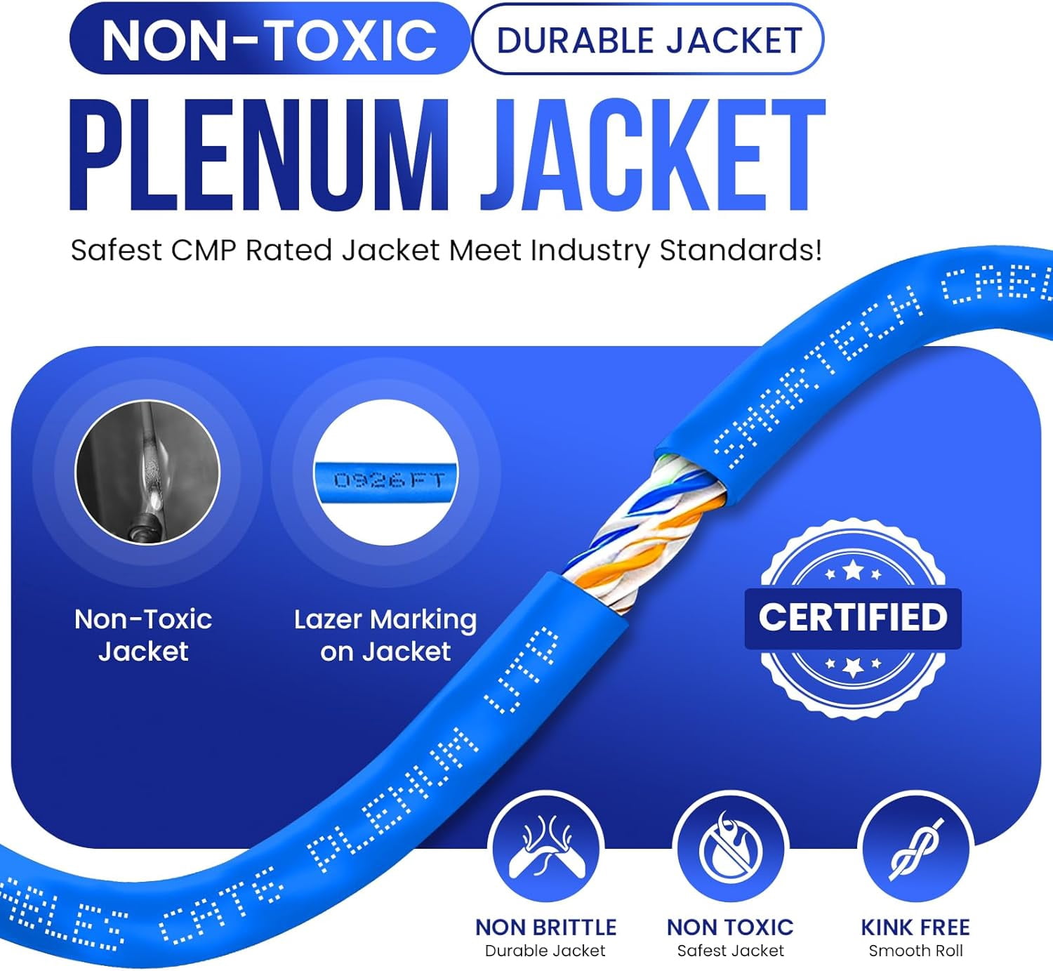 1000ft Cat6 Plenum Ethernet Cable – CMP Rated, 23AWG UTP, 550MHz, 10Gbps | High‑Speed Bulk Network Cable | Easy Pull Box Blue