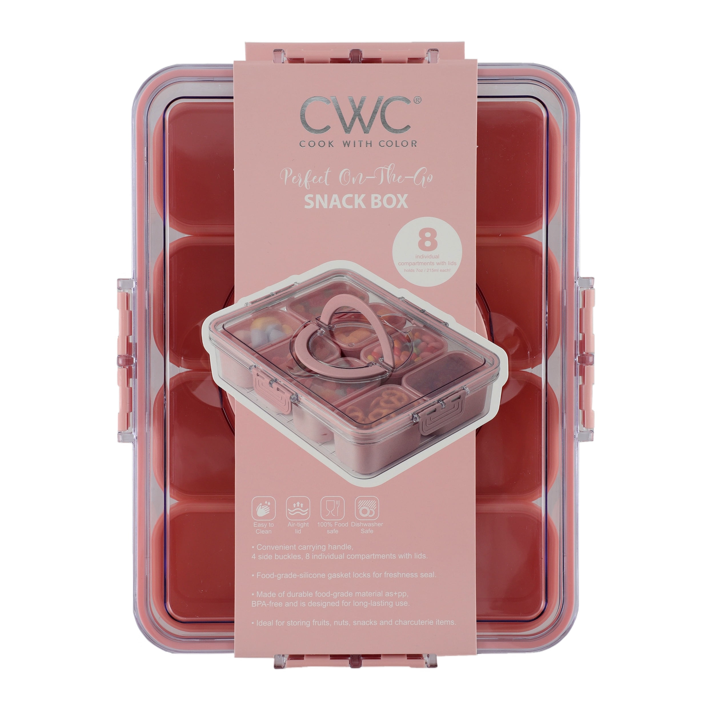 Cook With Color 8-Compartment Snackle Box, Charcuterie and Snack Container, Divided Serving Tray with Lids and Handle, Dishwasher Safe, Pink