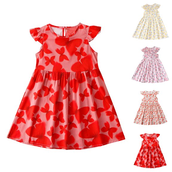 SROBPTY Girls Summer Dress Print Short Sleeve Crew Neck Mid-Length Sundress for Daily Wear