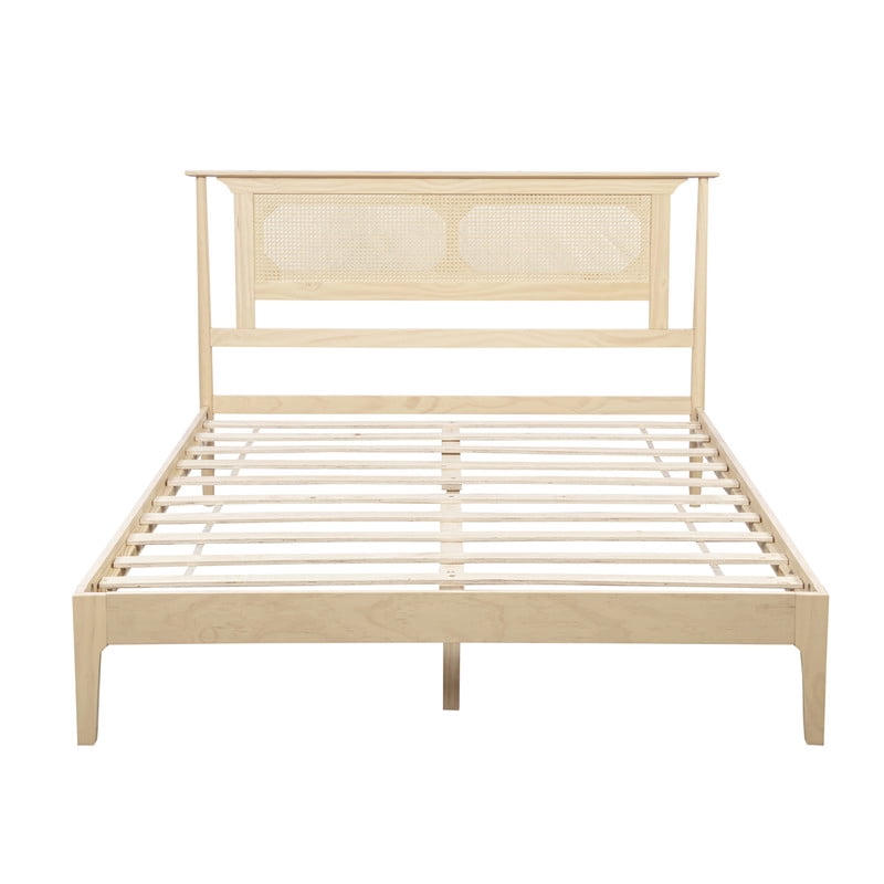 Queen Size Wooden Platform Bed with Rattan Headboard, Low-Profile Bed Frame with 8.6'' Under-Bed Storage