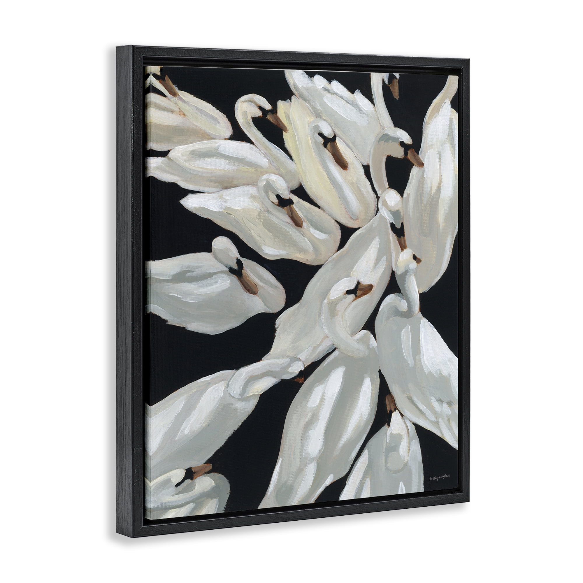 Stupell Industries Gathered Swans Swimming Animals & Insects Painting Black Floater Framed Canvas Art Print Wall Art, 25 x 31