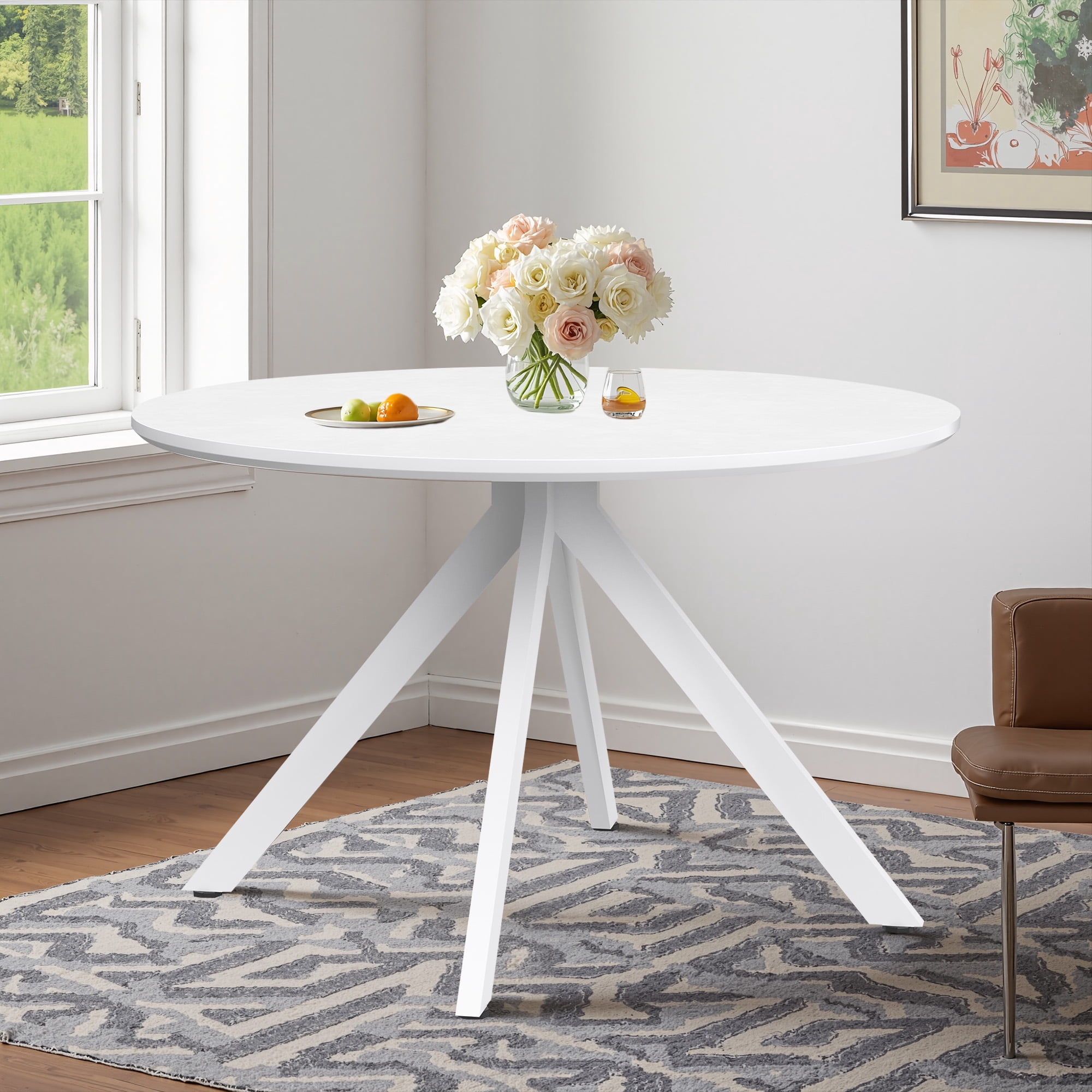 MAYEERTY 47"Round Wooden Dining Table, Metal Frame, Fits 4-6,for Kitchen, Dining, Living Room, White