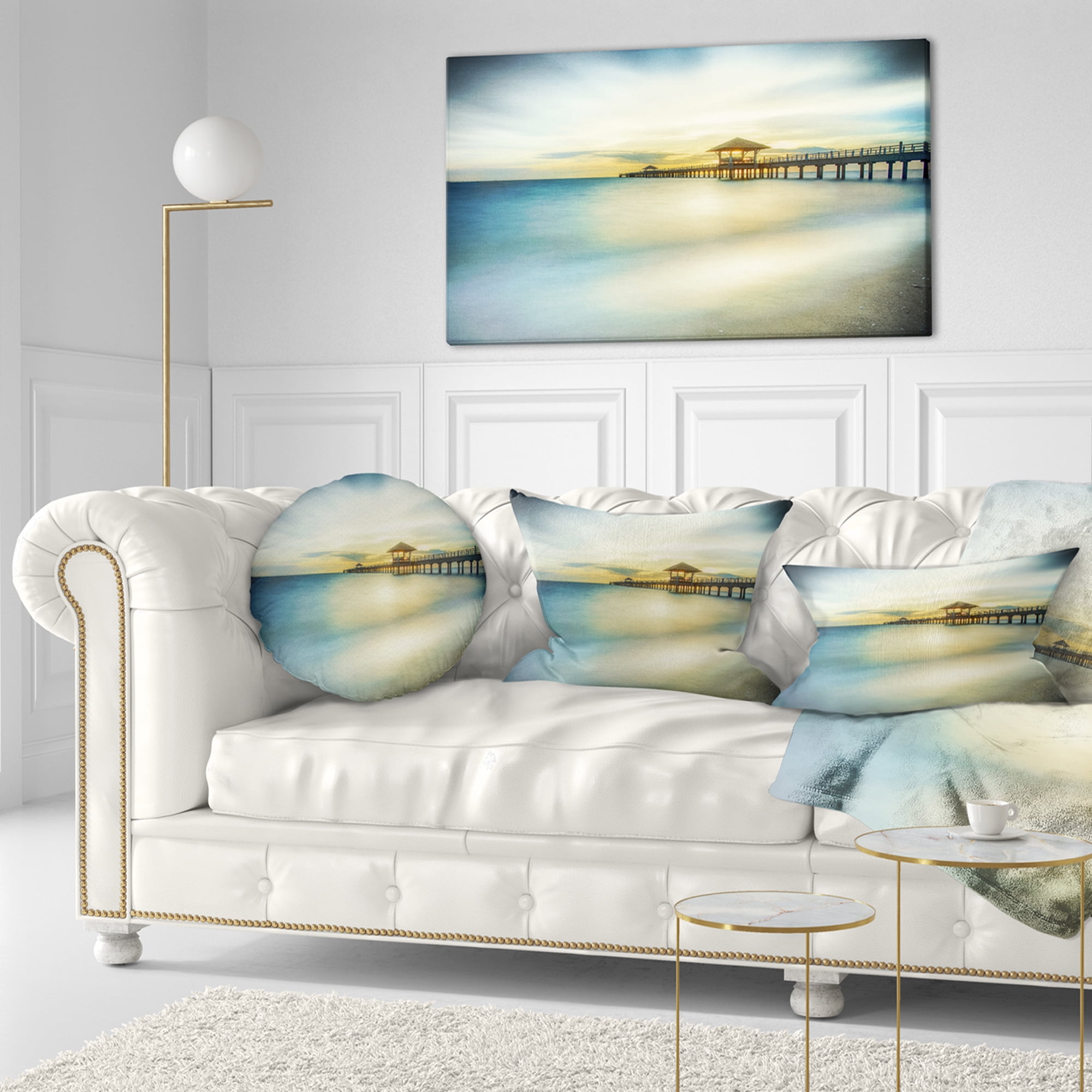 Designart Blue Tinged Seashore with Distant Pier - Pier Seascape Throw Pillow - 12x20