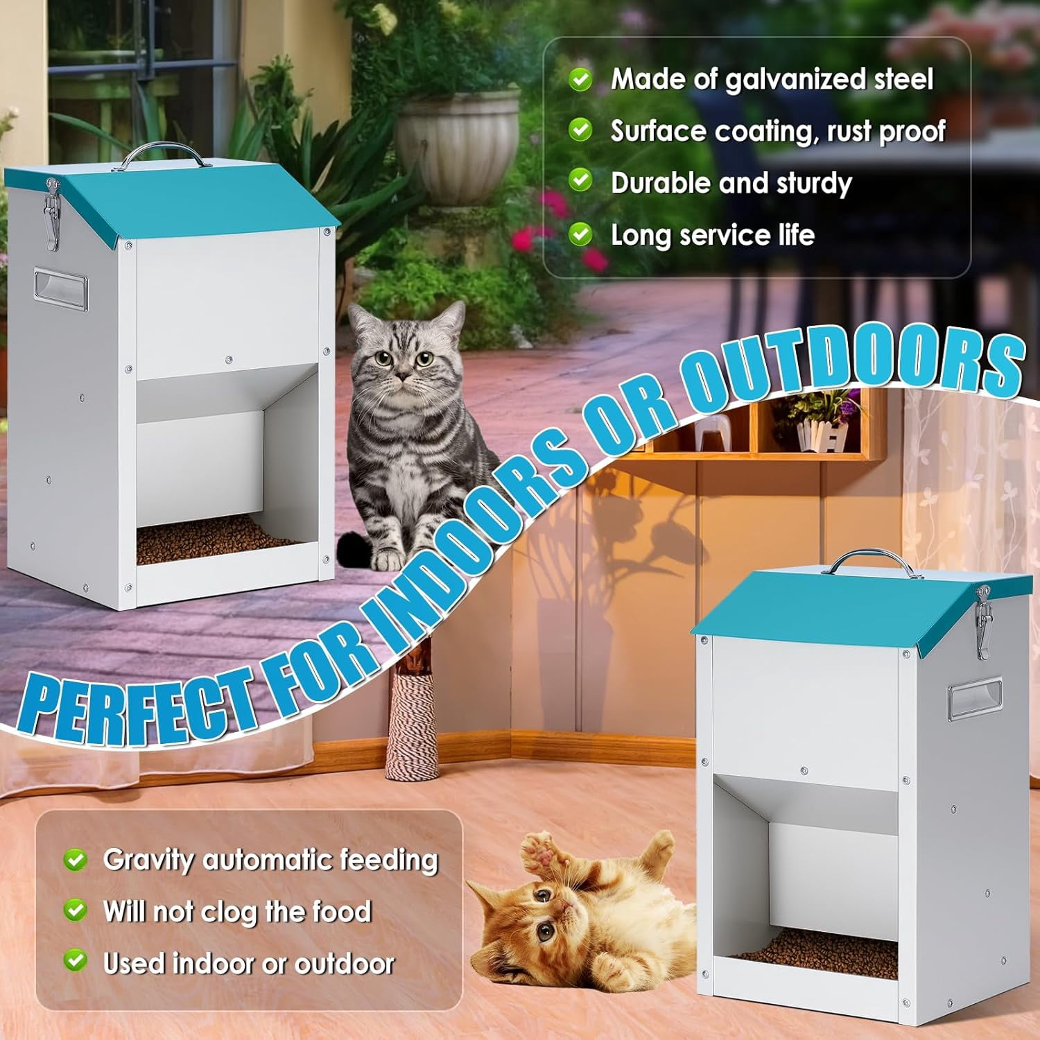 Automatic Cat Feeder Outdoor 59cups/14L Automatic Dog Feeder Cat Food Dispenser with Storage Gravity Pet Feeding Station Galvanized