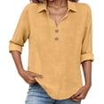 thumbnail image 2 of Womens 3/4 Sleeve Shirts Business Lapel Collared Solid Color Button Down Fashion Tops Dressy Casual Spring Blouses, 2 of 6