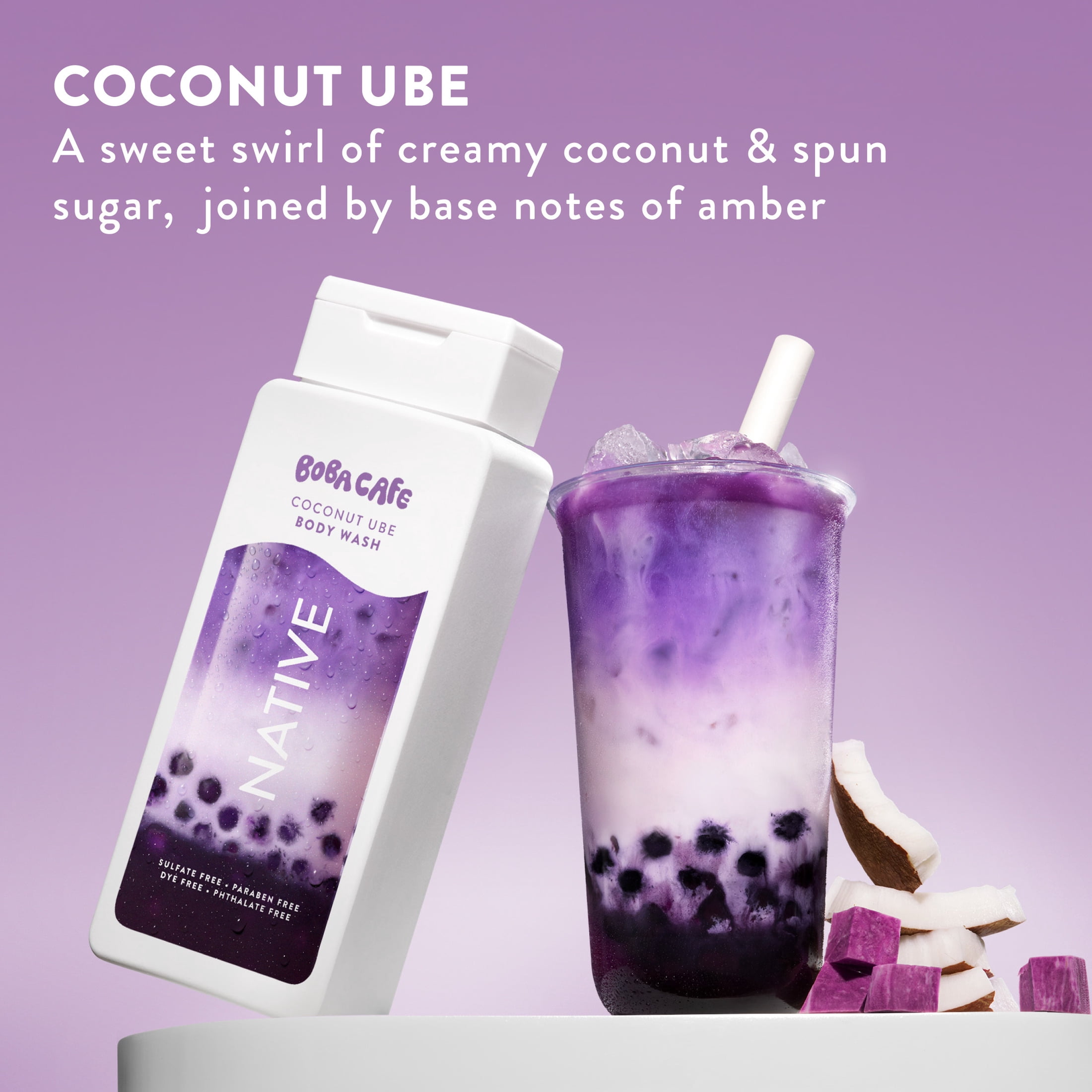 Native Body Wash, Limited Edition Coconut Ube, Sulfate Free Body Wash for Women & Men, Boba Café, 18 fl oz