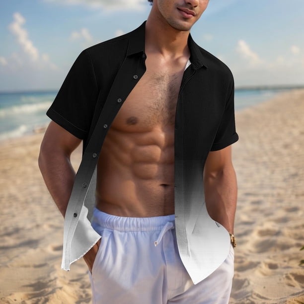 Blusa y camisa de manga corta con cuello vuelto para hombre, blusa informal de moda con cuello vuelto, blusa estampada de manga corta con botones, blusa de poliéster para hombre