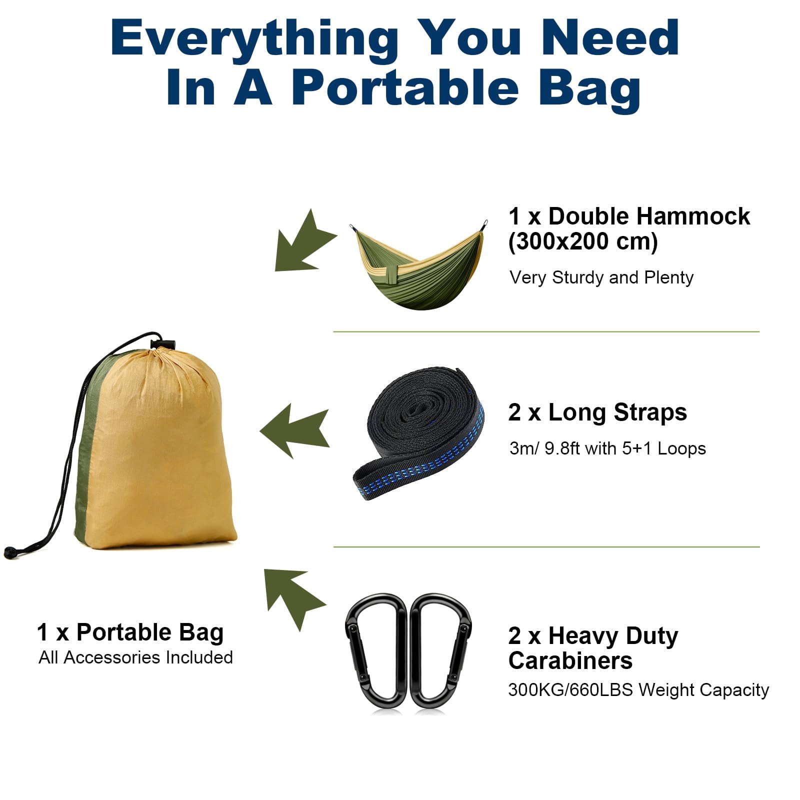 Double Camping Hammock - Outdoor Portable Nylon Hammock with 402lbs Capacity, Perfect for Camping, Hiking, and Travel,Green