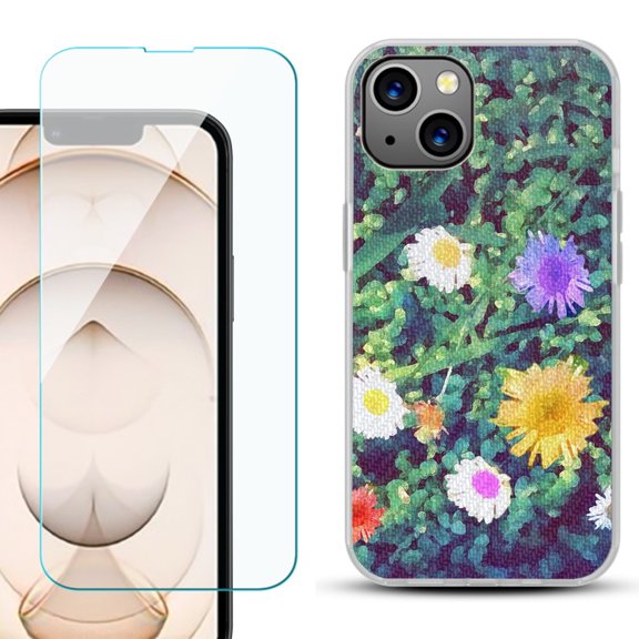 Slim-Fit Flexible TPU Gel Phone Case for iPhone 13, with Tempered Glass Screen Protector, by OneToughShield ® - Daisy Paint