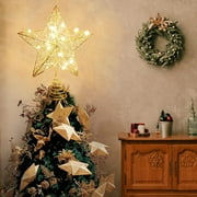 Christmas Star Tree Topper, Lighted Christmas Tree Topper, Hollow Gold Lighted Tree Star, LED Light up Xmas Tree Topper with 30 LE