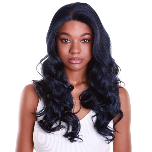 LUXLUXE Lucinda 23" Blue and Black Wig for Adult Women Wavy Long 4X4 Hand-Tied Lace Front Wig Made from Heat Resistant Synthetic Wigs