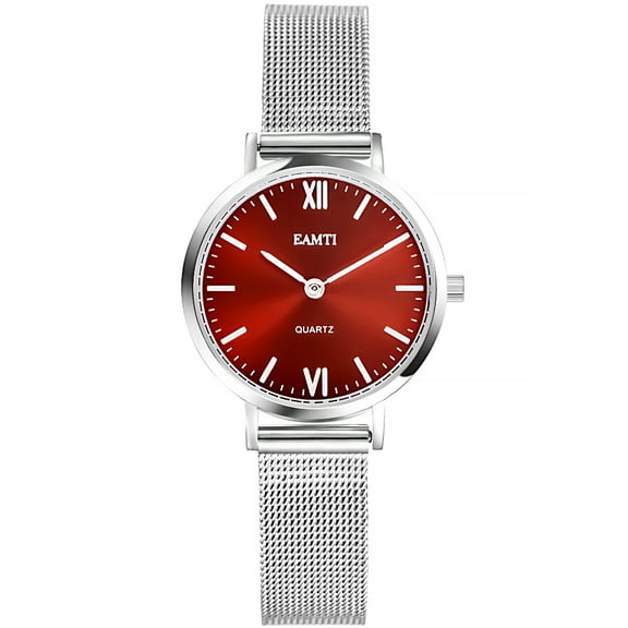EAMTI Women's Bracelet Stainless Steel Watch, Fashion Minimalist Water Resistant Wristwatch for Women Ladies, Red Case Silver Bracelet, 28mm Case