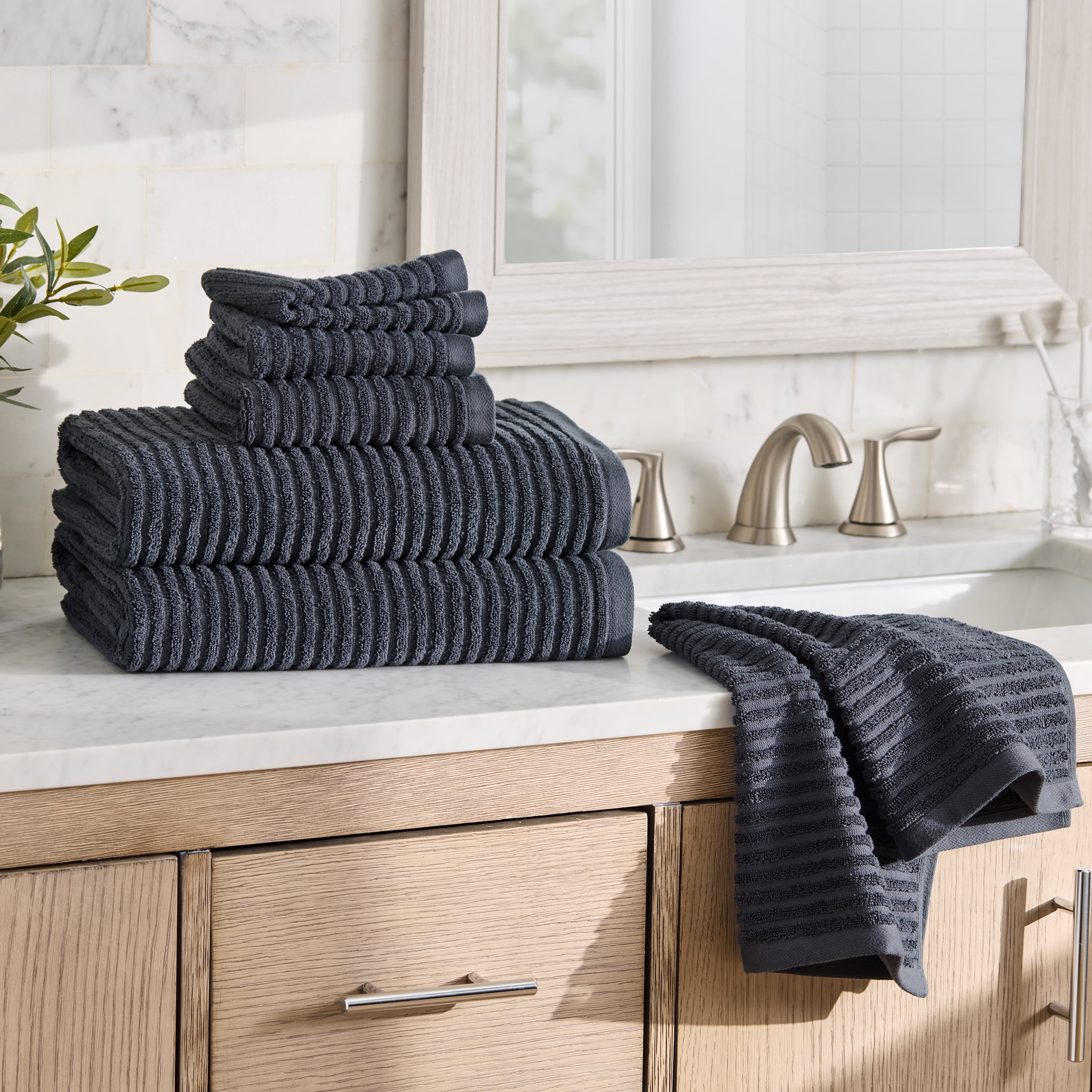 Better Homes & Gardens Complete Bathroom Set – Cotton Towels, Memory Foam Rug & Acacia Wood Glass Accessories, Grey