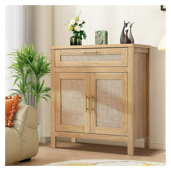 30" Rattan Accent Cabinet with Drawer, Boho Sideboard Storage Cabinet with Doors and Adjustable Shelf, Small Buffet Console Coffee Bar Organizer TV Stand for Entryway Dining Room, Natural Wood