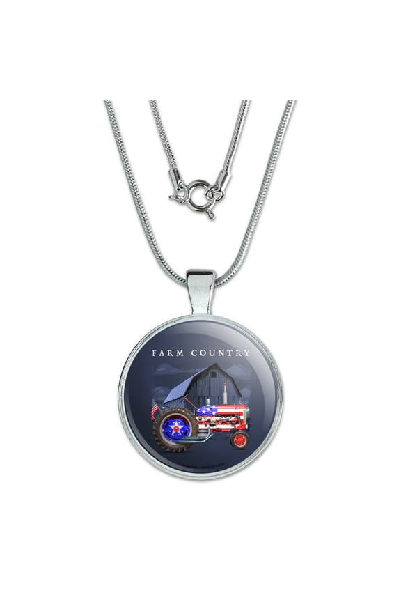 Farm Tractor Country USA American Flag Barn Farming 1" Pendant with Sterling Silver Plated Chain