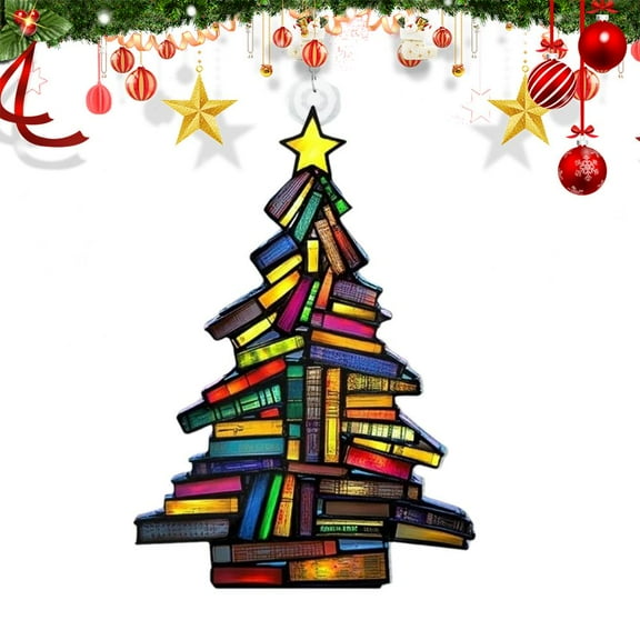 Pekkaxy Acrylic Book Stack Christmas Sun Catcher, Hanging Ornament for Book Lovers