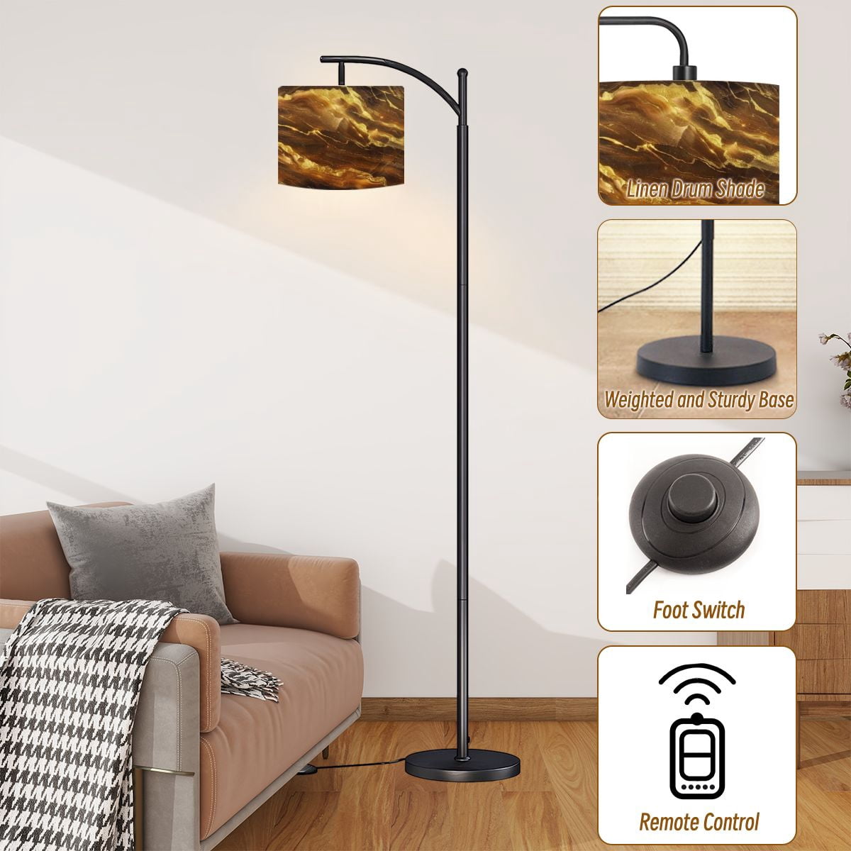 Arc Floor Lamps Gold flowing marbled stone backdrop shades brown A glittering luxury Modern LED Adjustable Lampshade Standing Light for Living Room Reading Bedroom Office